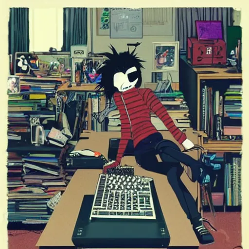 Prompt: goth nerd sitting at a computer in a cluttered room, by jamie hewlett, jamie hewlett art, gorillaz art aesthetic,