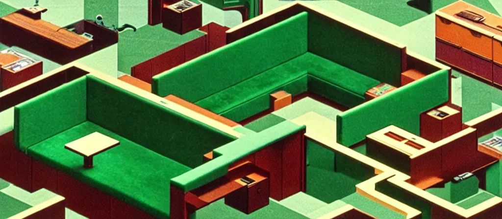 Image similar to huge sprawling gargantuan angular dimension of infinite indoor landscape 7 0 s green velvet and wood with metal furniture office. surrealism, mallsoft, vaporwave, 7 0 s office furniture catalogue, shot from above, epic scale by escher