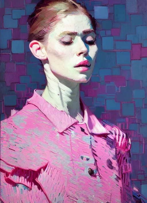 Image similar to portrait of a beautiful girl, haute couture, eyes closed, open mouth, shades of pink, beautiful face, rule of thirds, intricate outfit, spotlight, by greg rutkowski, by jeremy mann, by francoise nielly, by van gogh, digital painting