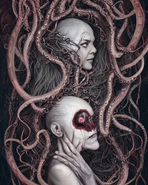 Image similar to centered beautiful detailed side view profile portrait of a insane, crazed, mad vampire old woman, ornate bleeding tentacles growing around, ornamentation, thorns, vines, tentacles, elegant, beautifully soft lit, full frame, by wayne barlowe, peter mohrbacher, kelly mckernan, h r giger