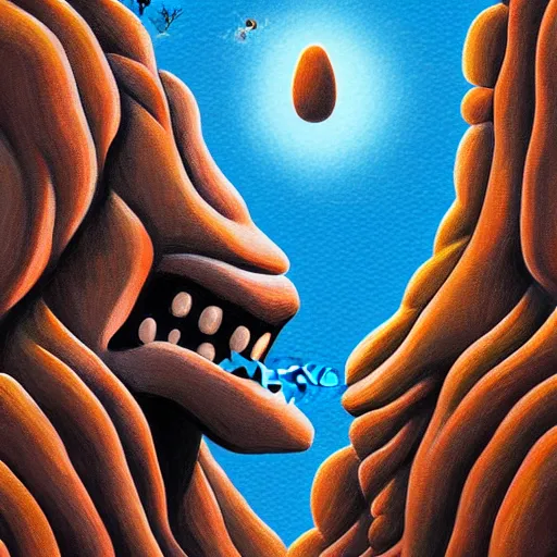 Image similar to adam and eve bigger than godzilla, monument valley art style, smooth painting, each individual seeds have ultra high detailed, 4 k, illustration, comical, acrylic paint style, pencil style, torn cosmo magazine style, pop art style, ultra realistic, underrated, by mike swiderek, jorge lacera, ben lo, tyler west