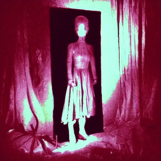 Image similar to A selfie of a woman in a dark room, with a spooky filter applied, with a figure in the background, in a Halloween style.