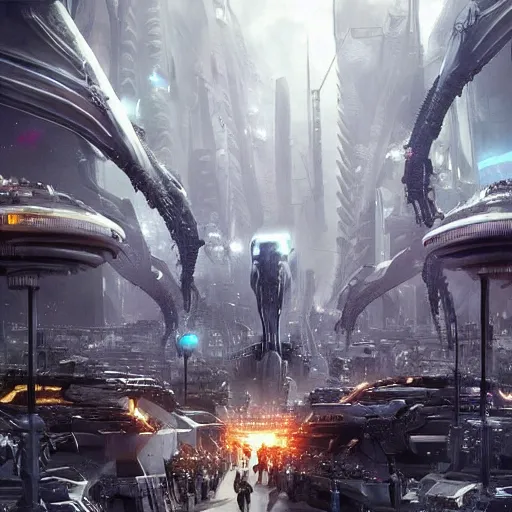 Image similar to gigantic alien war machine walking through the center of a technologically advanced city surrounded by alien citizens, high detail, 70’s sci-fi, deep aesthetic, concept art, 4K, highly ornate intricate details,