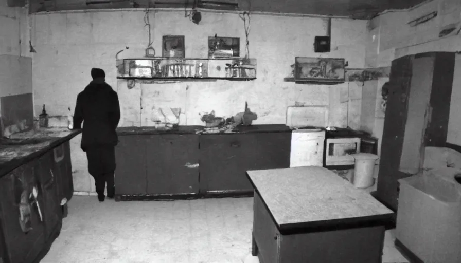 Prompt: a headless man in a stalinist style kitchen, by mini dv camera, very very low quality, heavy grain, very blurry, accidental flash, webcam footage, found footage, security cam, caught on trail cam