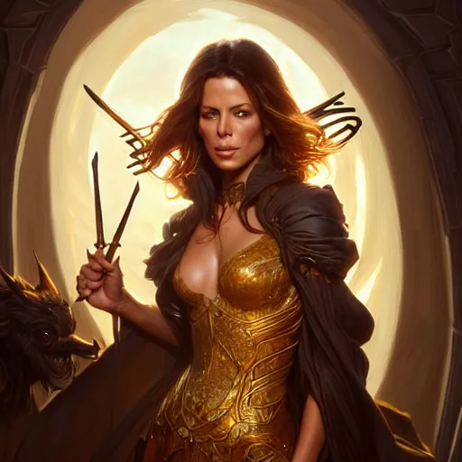 Prompt: Kate Beckinsale covered in honey eating fork, D&D, fantasy, intricate, elegant, highly detailed, digital painting, artstation, concept art, matte, sharp focus, illustration, hearthstone, art by Artgerm and Greg Rutkowski and Alphonse Mucha