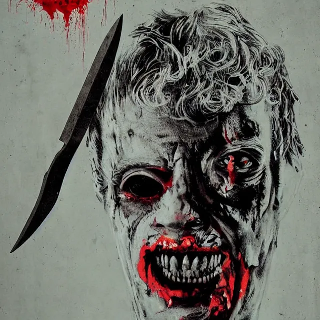 Prompt: realistic portrait of a psycho with a knife on a 1 9 8 0 s horror movie poster, vintage 8 0 s print, detailed, scary, horror, screen print, trending on artstation