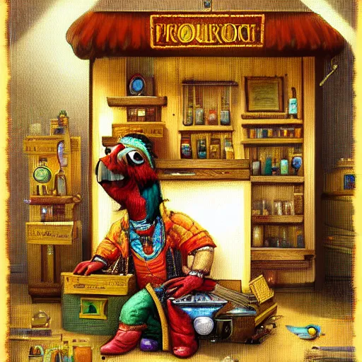 Image similar to Anthropomorphized parrot trader in his shop, selling his wares, portrait, items, gold, magic potions, carpet, window, sly expression , cunning expression, cute expression, long beak, presenting wares, holding a gold bag, D&D, fantasy, cinematic lighting, highly detailed, digital painting, artstation, concept art, smooth, sharp focus, illustration, warm light, cozy warm tint, magic the gathering artwork, volumetric lighting, 8k, art by Akihiko Yoshida, Greg Rutkowski