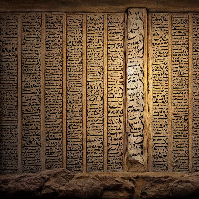 Image similar to ultra - realistic photo a partially - unrolled dead sea scroll with nabeatean aramaic in sideways columns, dark, brooding, volume lighting, atmospheric lighting, painted, intricate, ultra detailed by dave dorman, well composed, best on artstation, cgsociety, epic, stunning, gorgeous, intricate detail, wow, masterpiece