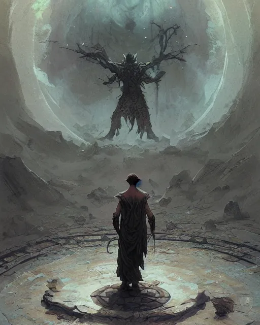 Prompt: a druid standing in a circle at the beginning of the world by greg rutkowski and frank frazetta and peter mohrbacher and william blake and ruan jia