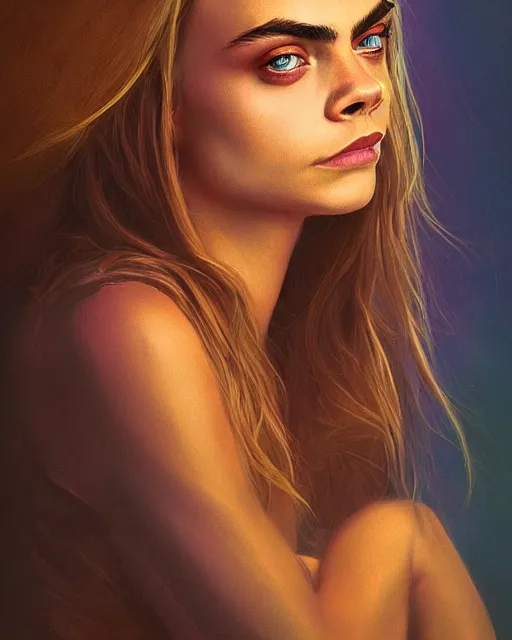 Prompt: portrait of cara delevingne atmospheric lighting, painted, intricate, volumetric lighting, beautiful, rich deep colours masterpiece, golden hour, sharp focus, ultra detailed, in the style of Dan Mumford and marc simonetti