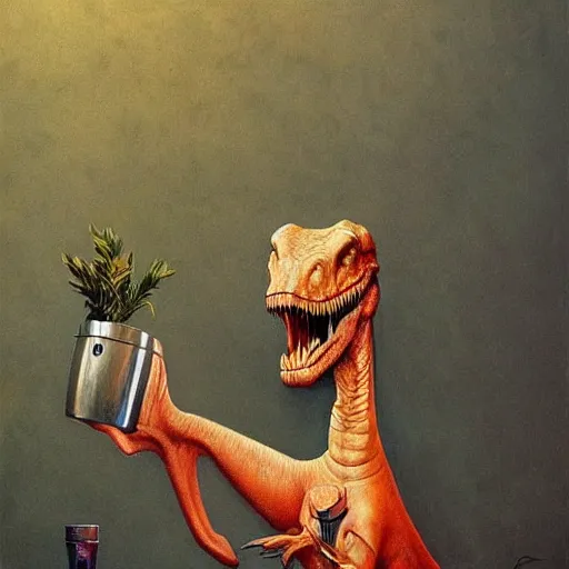 Image similar to A dinosaur drinking coffee, by alex grey, by Esao Andrews and Karol Bak and Zdzislaw Beksinski and Zdzisław Beksiński, trending on ArtStation