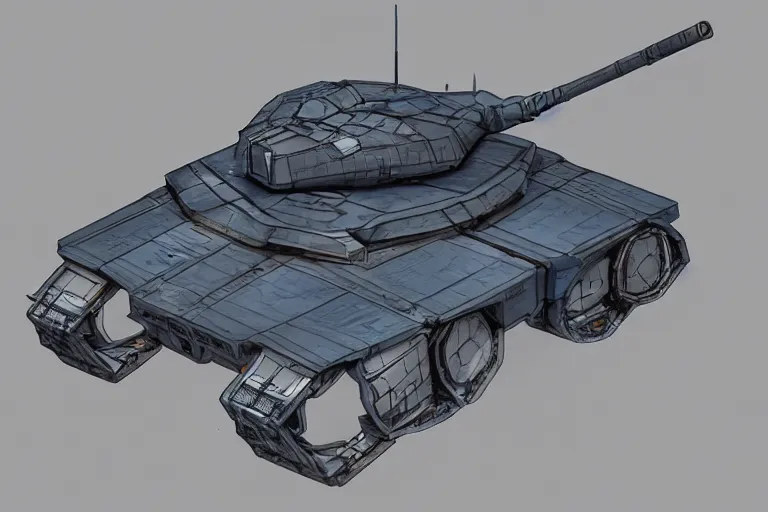 Prompt: concept art of a futuristic tank, extremely symmetrical, blueprints, top down view, bottom view, side view, mecha inspired, abrams tank, turret, robotic, highly detailed, artstation, super realistic, octane render