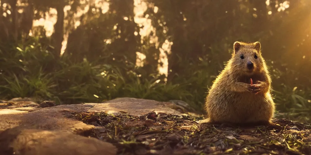 Image similar to Portrait of a happy quokka, splash art, movie still, cinematic lighting, dramatic, octane render, long lens, shallow depth of field, bokeh, anamorphic lens flare, 8k, hyper detailed, 35mm film grain