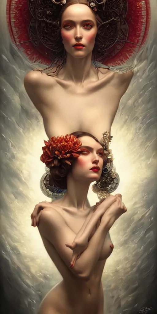 Image similar to a beautiful hyperrealistic portrait pose of a stunning Art Deco model in a sunbeam, intricate, elegant, highly detailed, smooth, sharp focus, award-winning, masterpiece, in the style of Tom Bagshaw, Cedric Peyravernay, Peter Mohrbacher