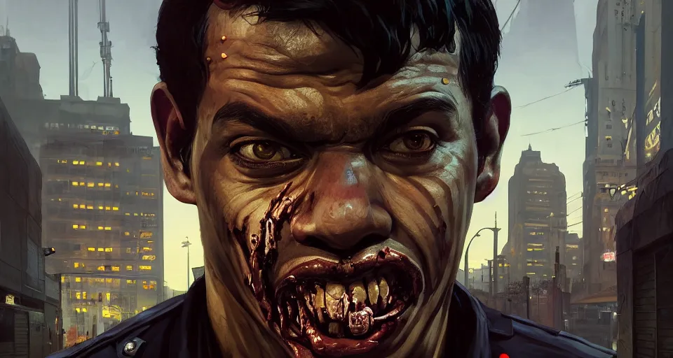 Prompt: highly detailed portrait black police officer zombie in gta v, angry and rotting, stephen bliss, unreal engine, fantasy art by greg rutkowski, loish, rhads, ferdinand knab, makoto shinkai and lois van baarle, ilya kuvshinov, rossdraws, tom bagshaw, global illumination, detailed and intricate environment