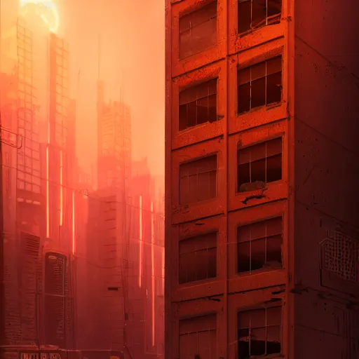 Image similar to One dilapidated building with only one window glowing. ArtStation, Cyberpunk, Vertical Symmetry, 8K, Highly Detailed, Intricate, Album Art.