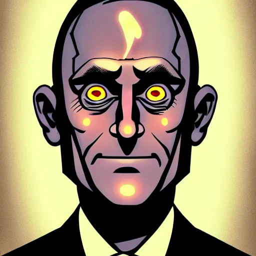 Image similar to solid glowing eyes, digital portrait of secretary of denis mcdonough face with solid glowing eyes, cover art of graphic novel, evil laugh, menacing, Machiavellian puppetmaster, villain, simple style, solid colors, clean lines, clean ink, trending on artstation