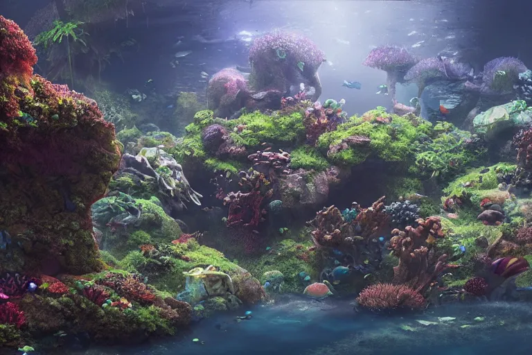 Image similar to dramatic landscape of an underwater garden habitat in the shade. intricate subnautica base, trending on cgsociety, peaceful atmosphere, natural volumetric lighting, exaggerated detail, wide angle, octane render, raytraced realistic