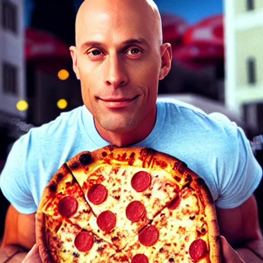 Image similar to johnny sins eating pizza, realistic photo, detailed face, cinestill