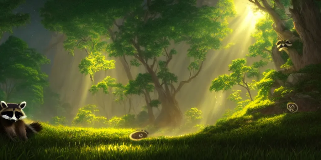 Image similar to raccoon, nature unique attractive, beautifully lit, by studio ghibli and albert bierstadt, 8 k volumetric lights unreal engine trending on art station