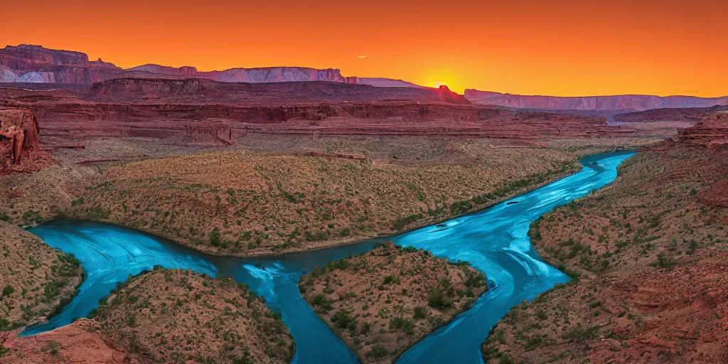 Image similar to “a dried river bend through a canyon surrounded by desert mountains at sunset, moab, utah, a tilt shift photo by Frederic Church, trending on unsplash, hudson river school, photo taken with provia, national geographic photo”