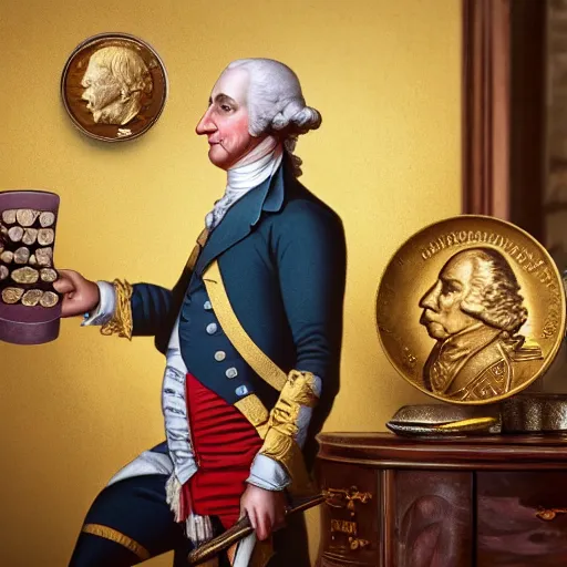 Image similar to a closeup photorealistic photograph of a happy George Washington inspecting small gold Doubloon coins at his home on Cherry Street. This 4K HD image is Trending on Artstation, featured on Behance, well-rendered, extra crisp, features intricate detail and the style of Unreal Engine.