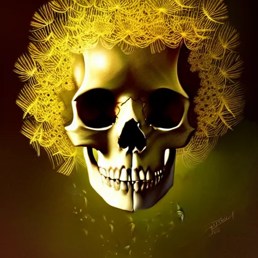 Image similar to honey dandelion skull, intricate, elegant, highly detailed, digital painting, artstation, concept art, smooth, sharp focus, illustration, by anato finnstark, boissb - blanca. j, cindy avelino, clint cearley, anna podedworna