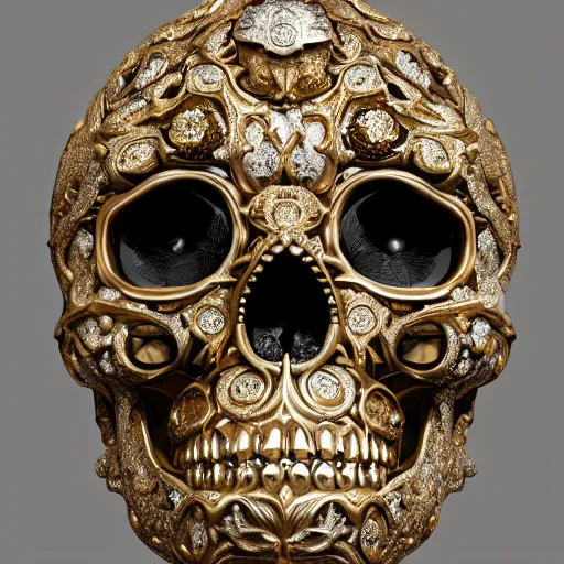 Prompt: a portrait of a beautiful ornate and intricate rococo skull with diamonds in the eyesockets, with silver and gold details and diamonds inside a rococo frame, 4k, octane render, vray, unreal engine, photorealistic