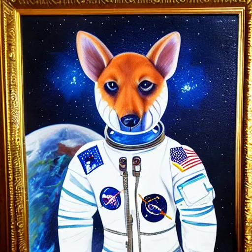 Prompt: oil painting of a shina inu in an astronaut suit