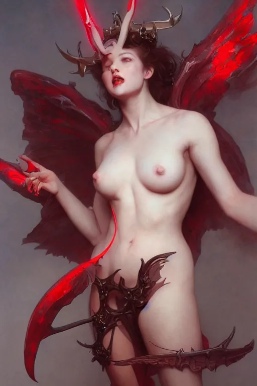 Image similar to Beautiful pale laughing succubus with mechanical wings and devil's horns, red lighting, masterpiece 4k digital illustration by Ruan Jia and Mandy Jurgens and Artgerm and william-adolphe bouguereau, highly detailed, trending on artstation, award winning,