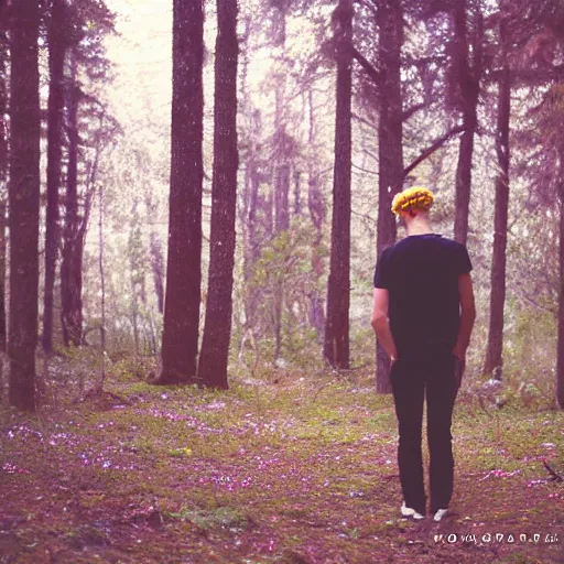 Image similar to kodak portra 4 0 0 photograph of a skinny blonde guy standing in a dark forest, back view, flower crown, moody lighting, telephoto, 9 0 s vibe, blurry background, vaporwave colors, faded!,