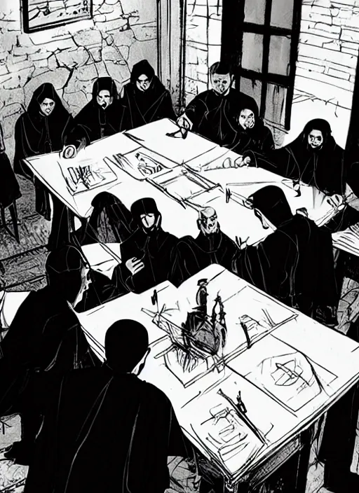 Prompt: a group of christian priests wearing black and white cassock playing dungeons&dragons sitting around a table in 90's basement by artgerm and Craig Mullins, James Jean, Andrey Ryabovichev, Mark Simonetti and Peter Morbacher 16k