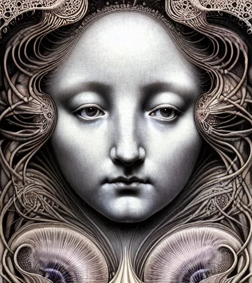 Image similar to detailed realistic beautiful scallop goddess face portrait by jean delville, gustave dore, iris van herpen and marco mazzoni, art forms of nature by ernst haeckel, art nouveau, symbolist, visionary, gothic, neo - gothic, pre - raphaelite, fractal lace, intricate alien botanicals, ai biodiversity, surreality, hyperdetailed ultrasharp octane render