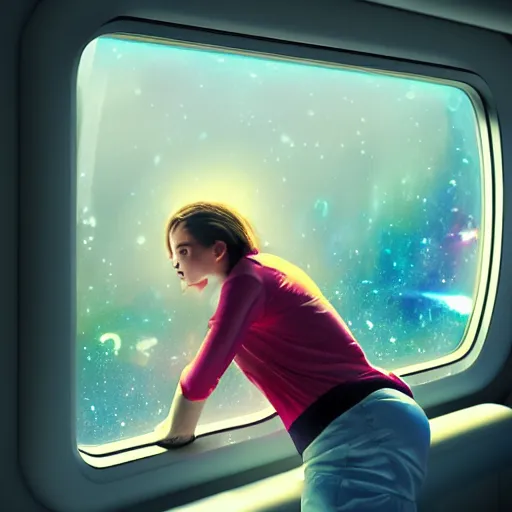 Prompt: a beautiful woman astronaut looks out the window of her spaceship at a vibrant colorful nebula, photorealistic intricately detailed octane render