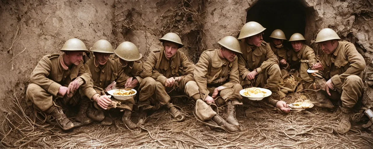 Prompt: soldiers eating spaghetti in the trenches, world war one, canon 5 0 mm, high detail, intricate, cinematic lighting, photography, wes anderson, film, kodachrome