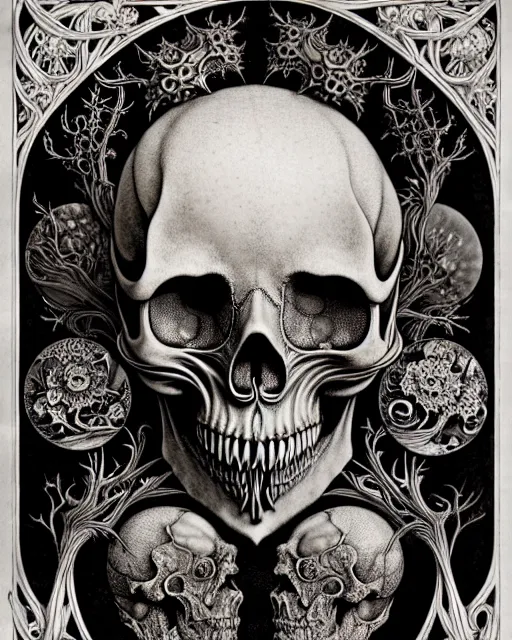 Image similar to art forms of nature by ernst haeckel, memento mori by arthur rackham, ornate antique porcelain beautiful skull mask, ultrasharp, photorealistic, hyperdetailed, octane render, polished, art nouveau, neo - gothic, gothic, intricate ornamental organic filigree, art nouveau botanicals, art forms of nature by ernst haeckel, horizontal symmetry, symbolist, visionary