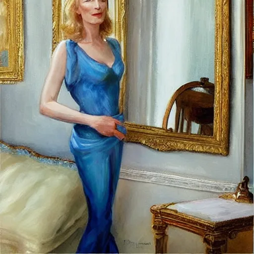 Image similar to cate blanchett in low-cut blouse in front of a mirror, painting by Vladimir Volegov