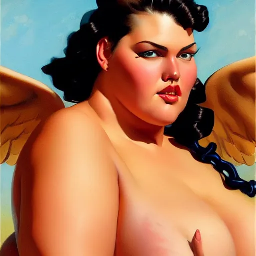 Prompt: upper body portrait of A plus-size model, bbw, sling bikini, wings, oil on canvas, realism, ((Lovecraftian)) by J. C. Leyendecker and boris vallejo, artstation, concept character art