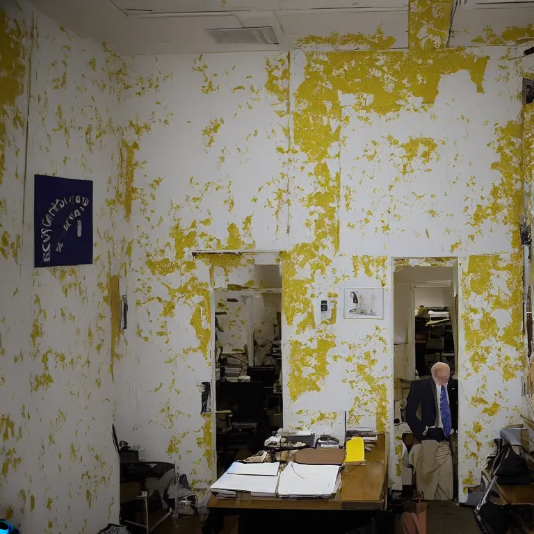 Image similar to the backrooms. Joe Biden lost in an endless office space with peeling yellow wallpaper lit by fluorescent lights with no windows