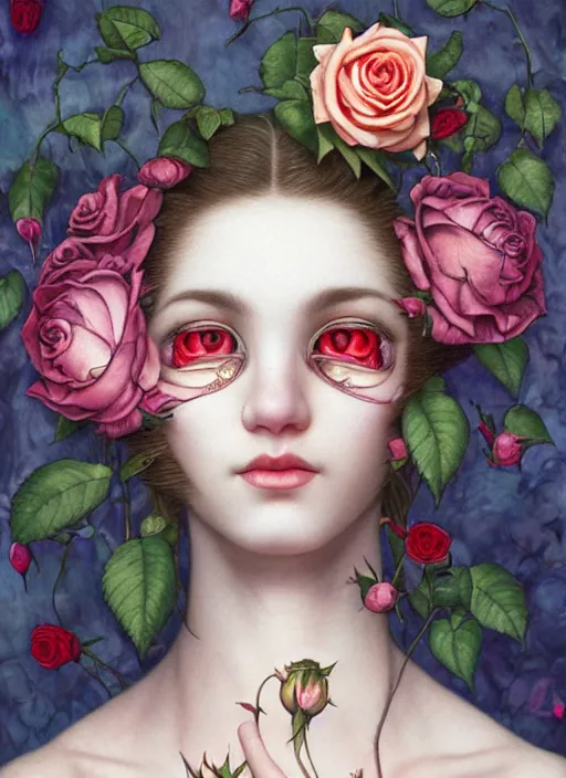 Prompt: white girl, cat eye, botanical, rose, portrait face, colorful, kupka, intricate, miles johnston, kuroda seiki, ozabu, godward, painterly, yoshitaka amano, moebius, miles johnston, louise zhang, james jean, mark ryden lowbrow pop surrealism art style