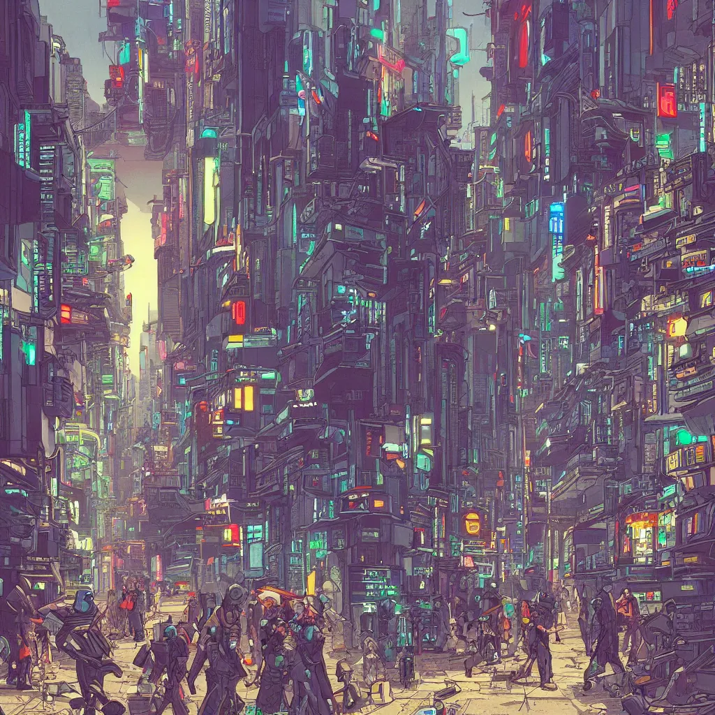 Image similar to a cyberpunk city street with robots and humans walking around, digital painting by moebius