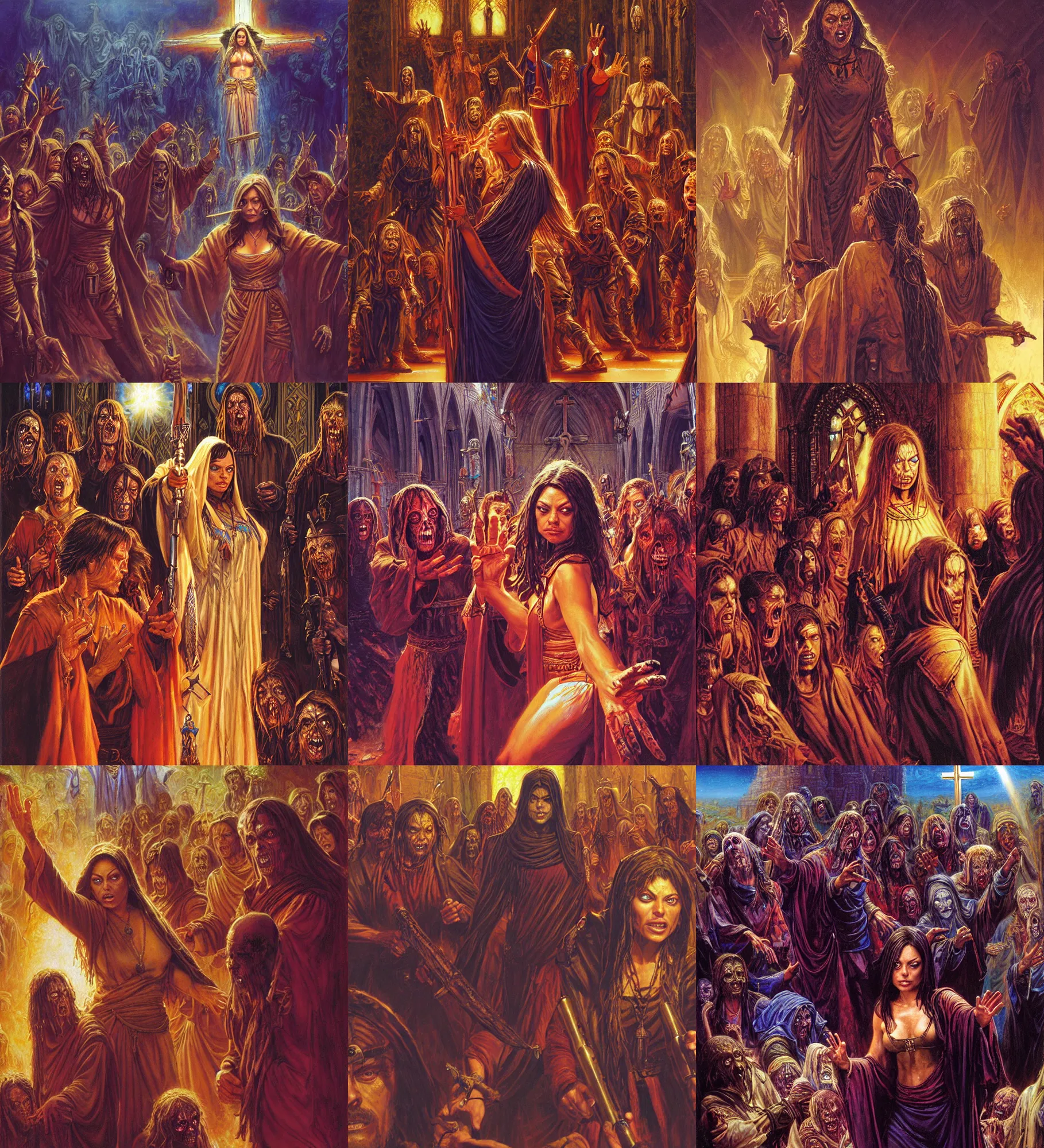 Prompt: action close - up portrait of priestess mila kunis teaching her people in church as zombies storm in, donato giancola, tim hildebrandt, wayne barlow, bruce pennington, larry elmore