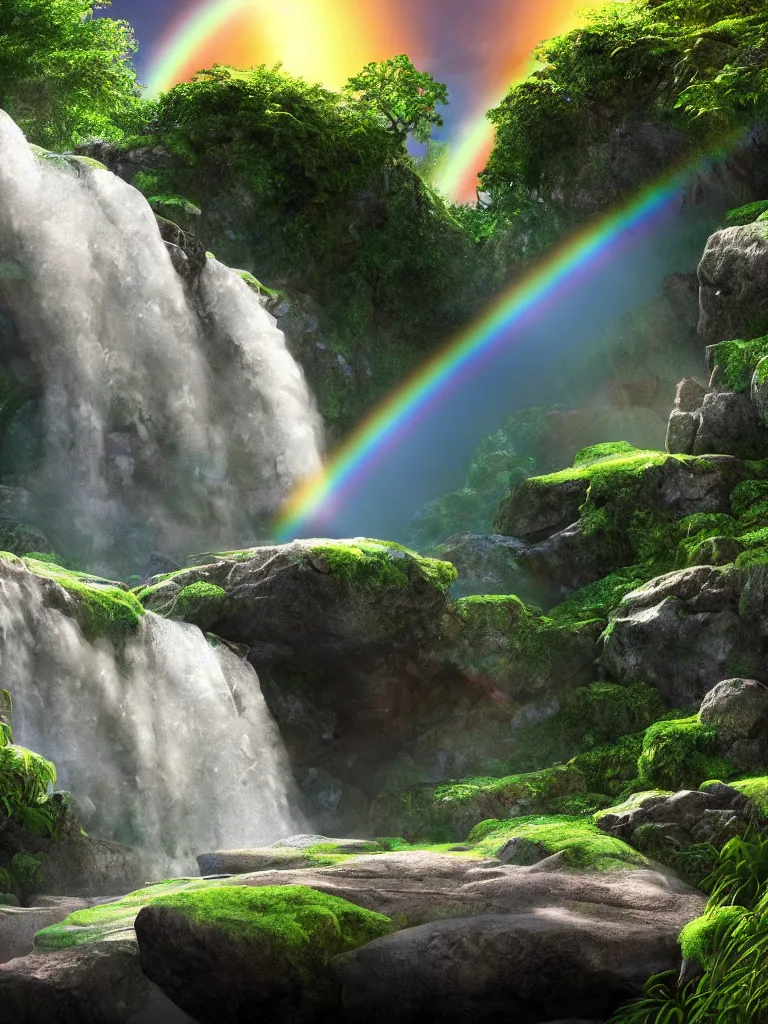 Prompt: concept art of waterfall cascading onto rocks, small rainbow emerging in background, ethereal, beautiful scenery, intricately meticulously detailed, amazing, glitter, 8 k render octane high definition
