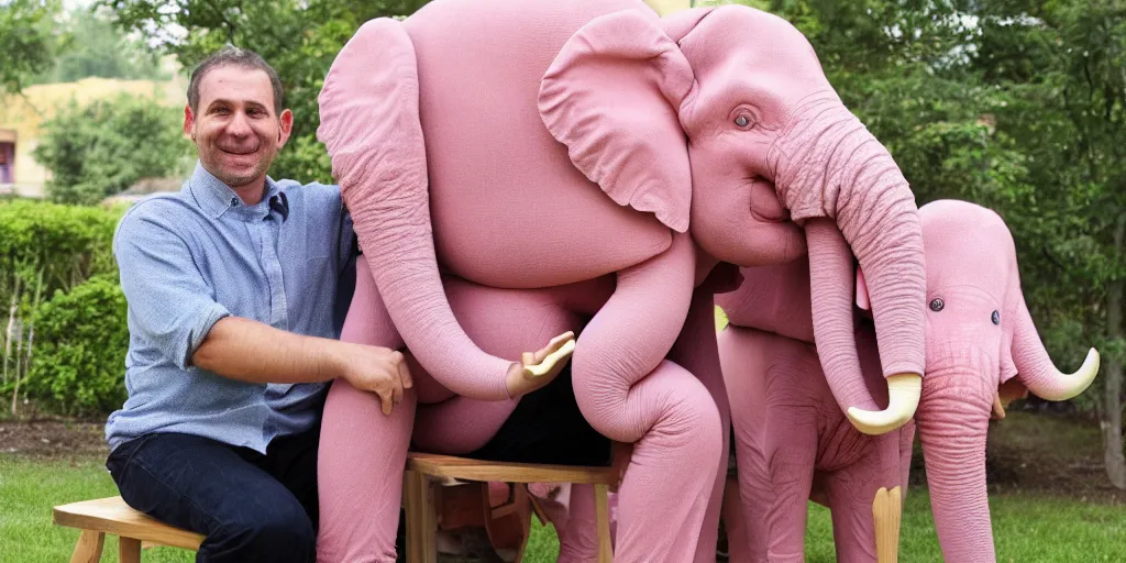 Image similar to Photo of a man on a chair with his pink miniature elephant on his lap