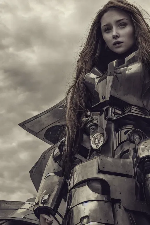 Image similar to portrait cinematography of beautiful young female, clothed in sci-fi military armor, long hair blowing in the wind. Giant mechs in the street. by Anita Sadowska