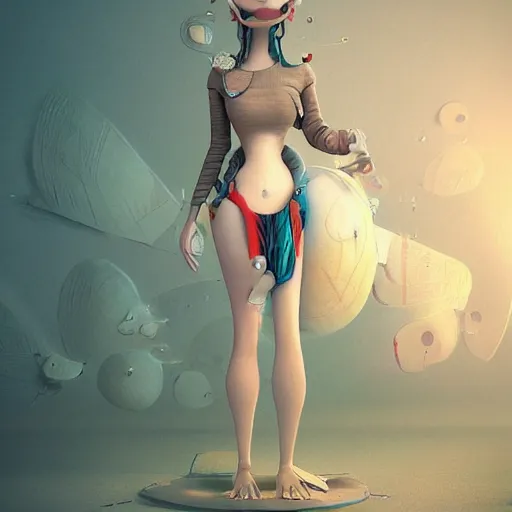 Prompt: 3D feminine character by Tiger HKN and Gediminas Pranckevicius, Game Art, Character Modeling, cartoon, Perspective view, cinematic, raytrace concept art, Trend on Behance 3d Art, V-Ray, Maya, C4D