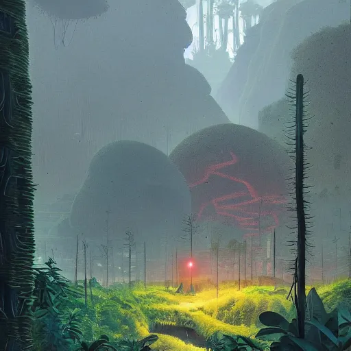 Prompt: digital artwork of a lush natural scene on an alien planet by simon stalenhag. extremely detailed. science fiction. beautiful landscape. weird vegetation. cliffs and water.