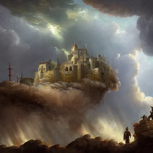 Image similar to castle in the sky in an energy storm in the style of hubert robert