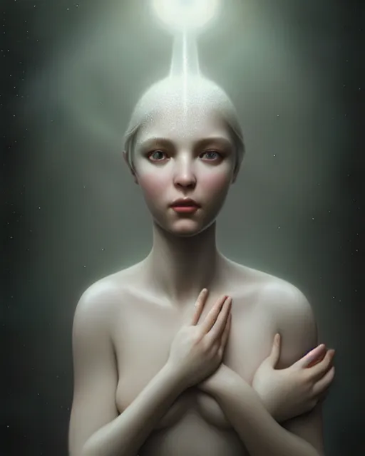 Image similar to dreamy, subsurface scattering, white, young beautiful goddess in cosmos, octane render, dino valls, mark ryden, joe fenton, michal karcz, highly detailed, rim light, art, cinematic lighting, very coherent, hyper realism, 8 k