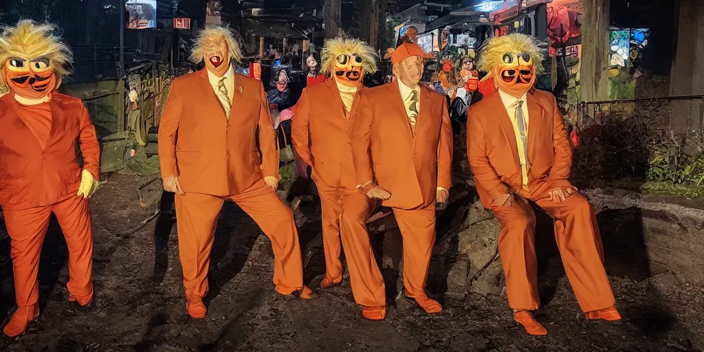 Image similar to photo of real life oompa loompas resembling donald trump, creepy!!!, scaly!!!, gritty!!!, menacing!!!, evil, ultra realistic, gritty, winter, golden hour, volumetric lighting, sharp focus